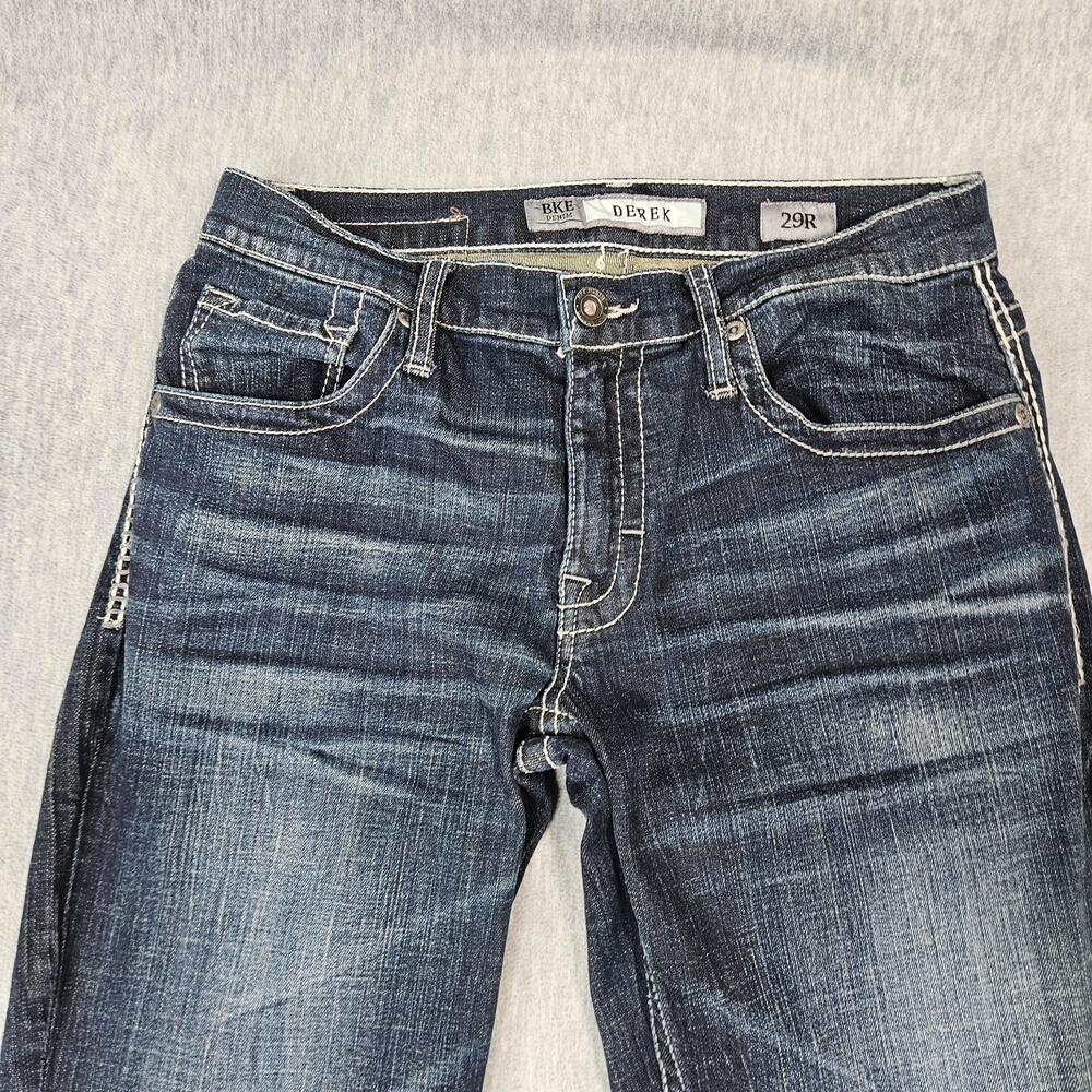 BKE Jeans Men 29R (29x33) Blue Derek Stretch Bootcut Dark Wash Faded Whisker - Picture 2 of 15